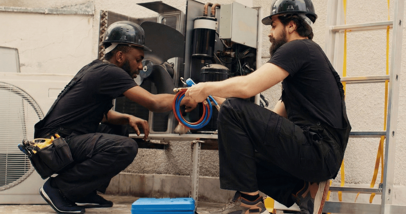 Un technicien CVC expérimenté réparant un climatiseur en extérieur avec un collègue, outils en main, pour l'École Gustave.